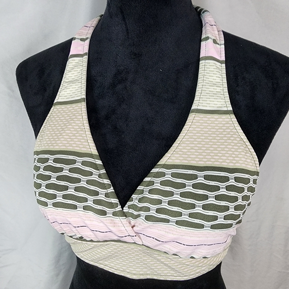 ANNE COLE Size Small Green & Pink Striped Banded Tie Back Halter Bikini Top‎